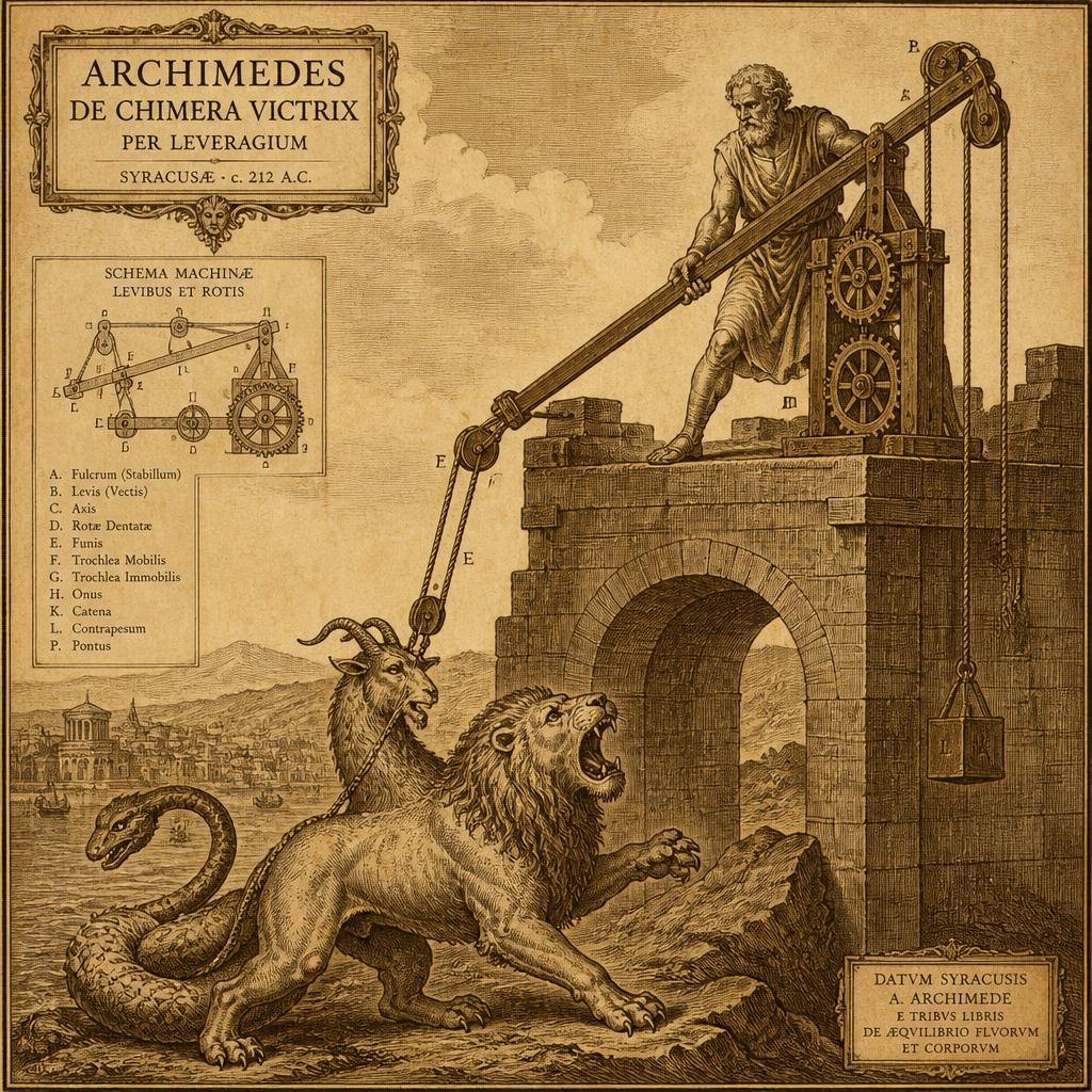 Antique lithograph of Archimedes wielding a lever to slay the Chimera