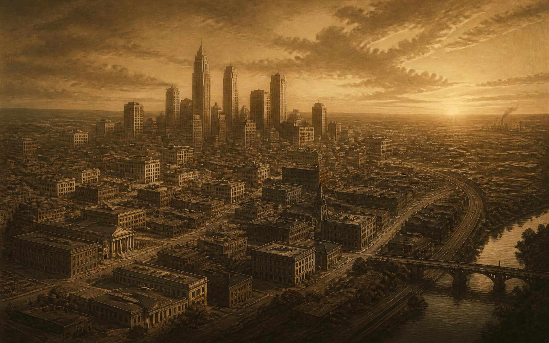 Sepia aerial view of an American commercial cityscape at dusk