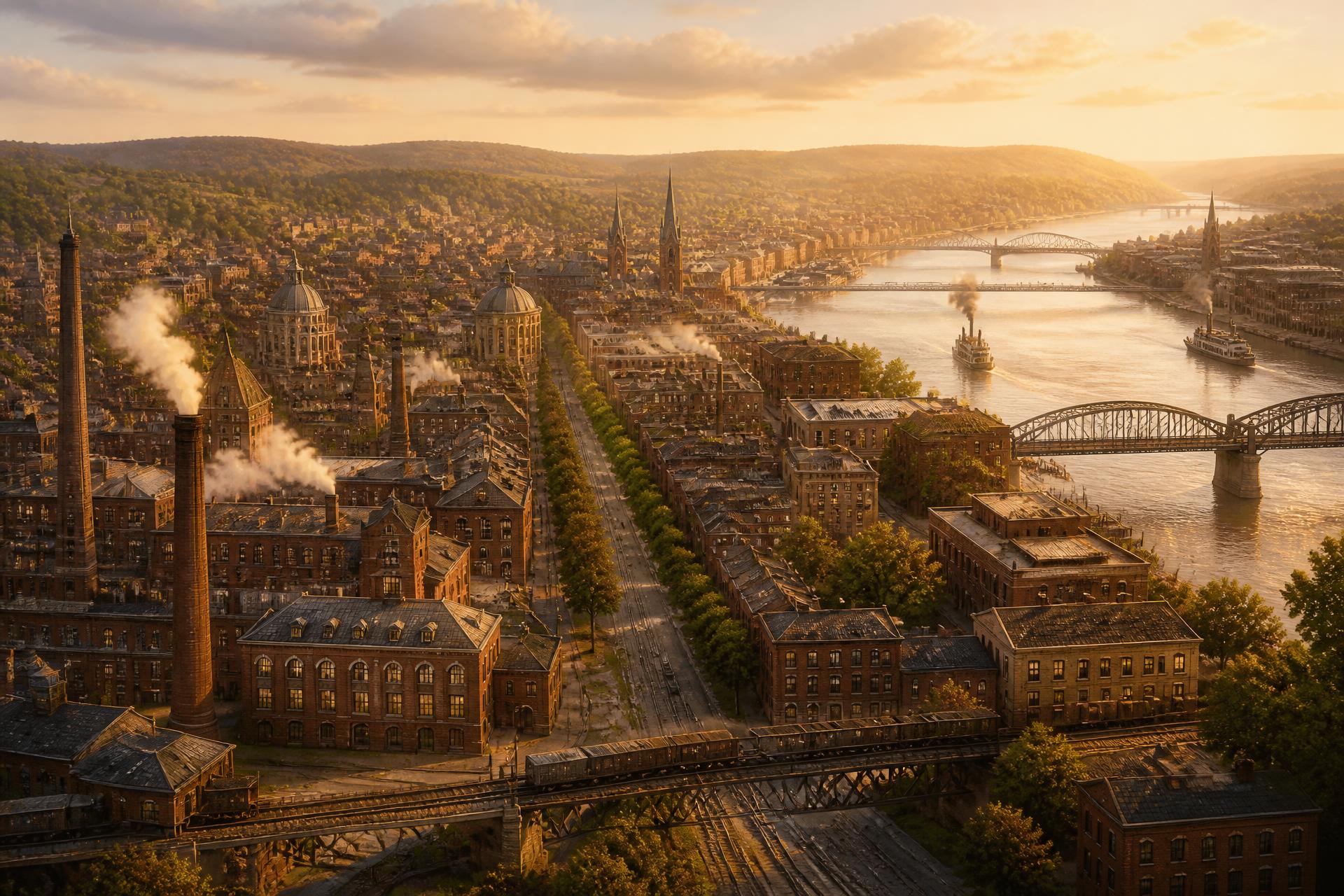 Sepia aerial view of an American commercial cityscape at dusk